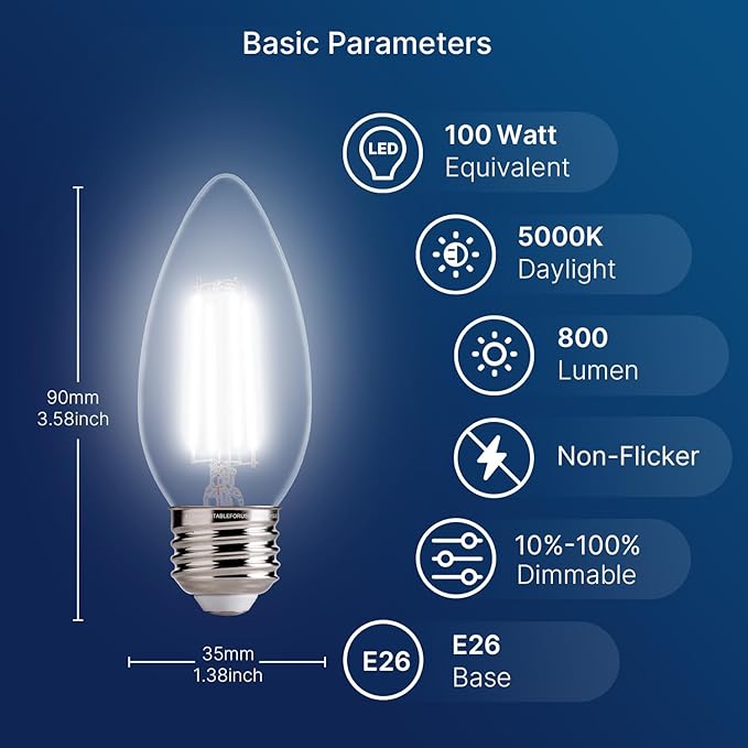FLSNT 100W Equivalent LED Chandelier Light Bulbs E26 Base, 5000K Daylight Dimmable LED Candelabra Bulbs, 800LM, 6 Pack UL,CA65 Listed.