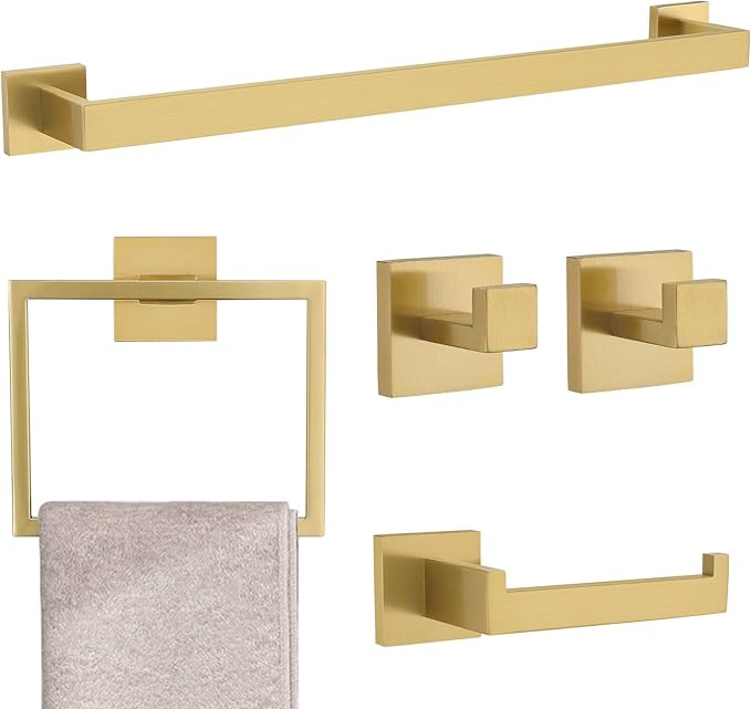 Brushed Gold 5 Pieces Bathroom Hardware Accessories Set Towel Bar Set Towel Holder Racks Set for Bathroom,SUS304 Stainless Steel,Wall Mounted 23.6-Inch