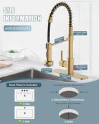 LED Kitchen Faucet, Brushed Gold Kitchen Faucet with Soap Dispenser and Deck Plate, Faucet for Camper Farmhouse RV Kitchen Sink, Single Handle Kitchen Sink Faucets with Pull Down Sprayer