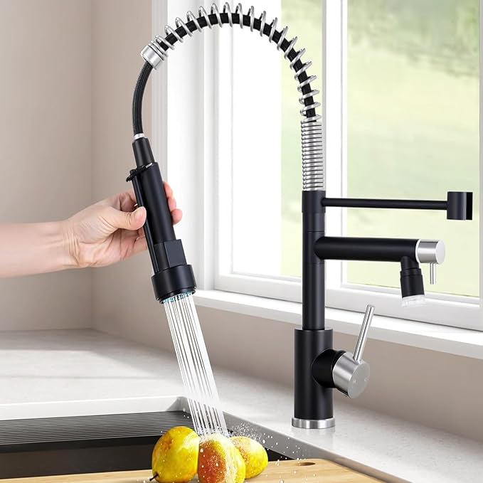 Smart Kitchen Faucet, 3 Modes Pull Down Sprayer, LED Temperature Control, Ceramic Valve,360-Degree Rotation,1 or 3 Hole Deck Plate,Double Spout. 10-Year Warranty. (KW-21NR, Brushed Nickel/Black)