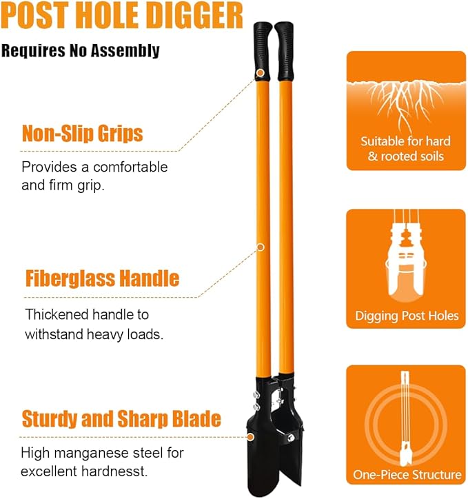 VNIMTI Post Hole Digger Tool, Heavy Duty Post Hole Digger with Fiberglass Handle, 58 Inches