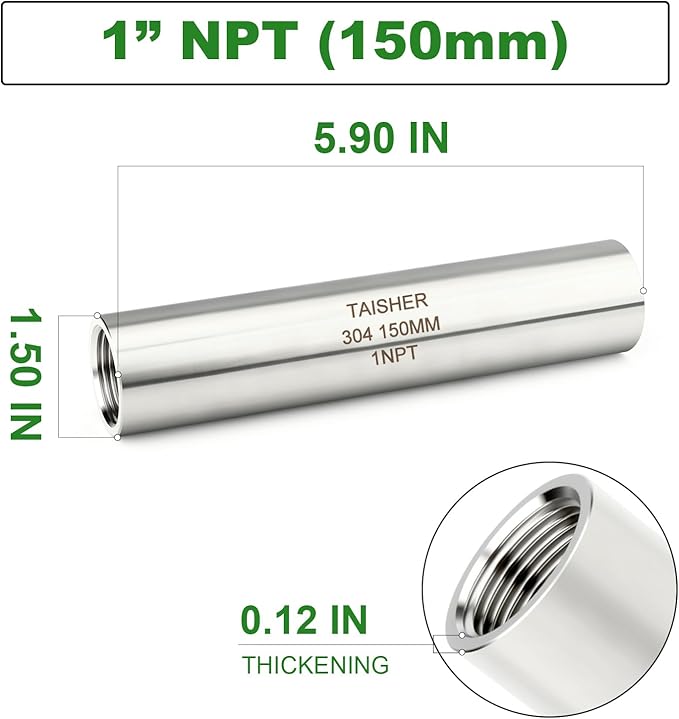 TAISHER 2PCS Stainless Steel Pipe Fittings, 1" NPT Female x 1" NPT Female Threaded, 6" Length Thickened Nipple Cast Pipe