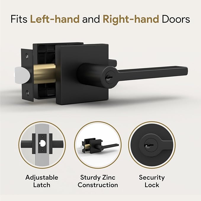 Mega Handles - Prime Entrance Handle, Entry Lever Door Handle, Heavy Duty Square Locking Lever Set for Left or Right-Handed Doors, Interior/Exterior Door Levers - Matte Black