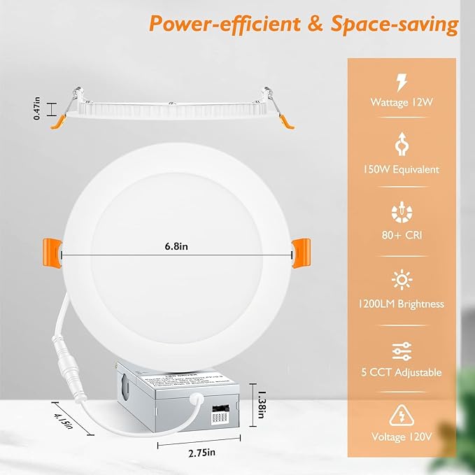 BesLowe 12 Packs 6 Inch 5CCT LED Recessed Ceiling Lights Ultra-Thin with Junction Box, 12W 150W Eqv, 3000K/3500K/4000K/5000K/6500K, 1200LM Dimmable Canless Downlights for Kitchen Hallway Dining Room