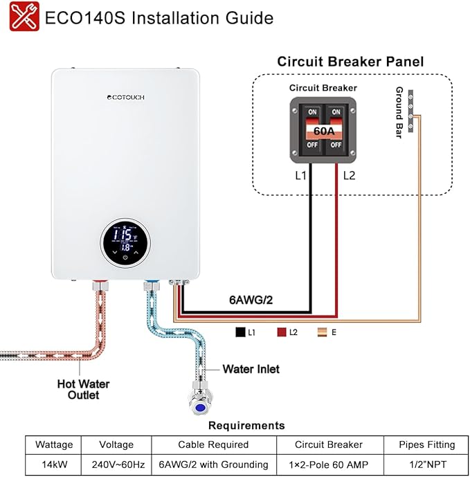 Tankless Water Heater Electric, ECOTOUCH 14kW 240V on Demand Electric Water Heater Instant Hot Water Heaters Under Sink Point of Use with Self-Modulating ECO140S White ETL Certificated