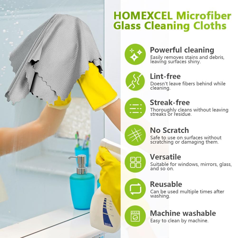HOMEXCEL Grey Microfiber Glass Cleaning Cloths-6PK, 16"x14" Lint Free Window Cleaning Cloth, Glasses, Mirrors, Screens, Stainless Steel, Premium Microfiber Wipes for Cleaning, Glass and Window Cleaner