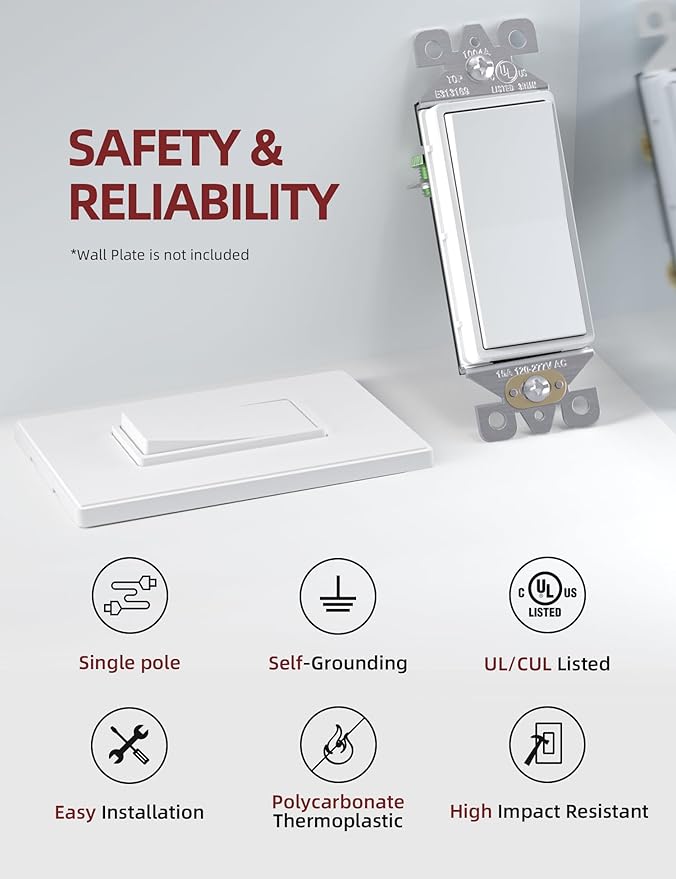 AIDA Single Pole Rocker Decorator Light Switch, 15 Amp Self-grounding Electrical Light Switches, Wall Plate Included, Residential Grade, UL Listed (50 Pack, Matte White)