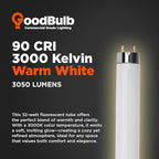 GoodBulb 32W 48 Inch T8 Fluorescent Light Bulb 3000K Warm White Medium Bi-Pin Base 3050 Lumens 86 CRI 24000 Life Hours Instant/Programmed Start (Pack of 25)