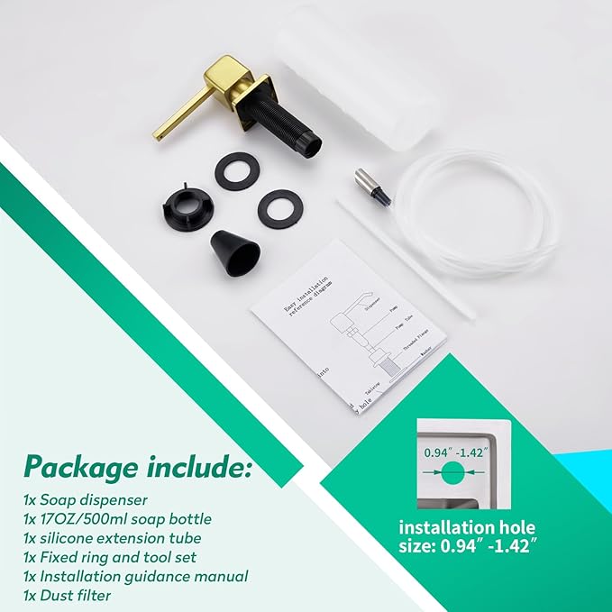 CREA Brushed Gold Soap Dispenser for Kitchen Sink, Kitchen Soap Dispenser Gold Square Built in Sink Soap Dispenser for Bathroom with 17 OZ Bottle