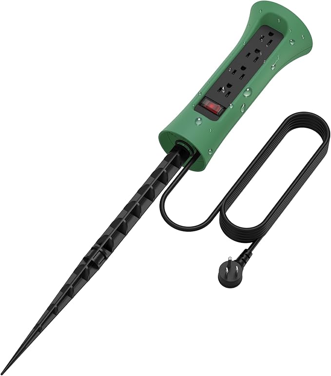 CCCEI Outdoor Power Strip Weatherproof with Stake, Waterproof Extension Cord with Multiple Outlets, Christmas Exterior Garden Decor, Yard, Camping, 4 Plugs, Surge Protector 6FT, Green.