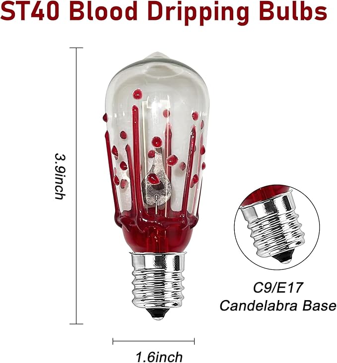 ST40 Flicker Flame Light Bulbs, 10 Count Christmas Red Incandescent Bulbs, E17 Screw Base, Dimmer Compatible, UL Listed for Indoor Outdoor Use, 1 Watt, 120 Volts, 1500 Hours Lifespan