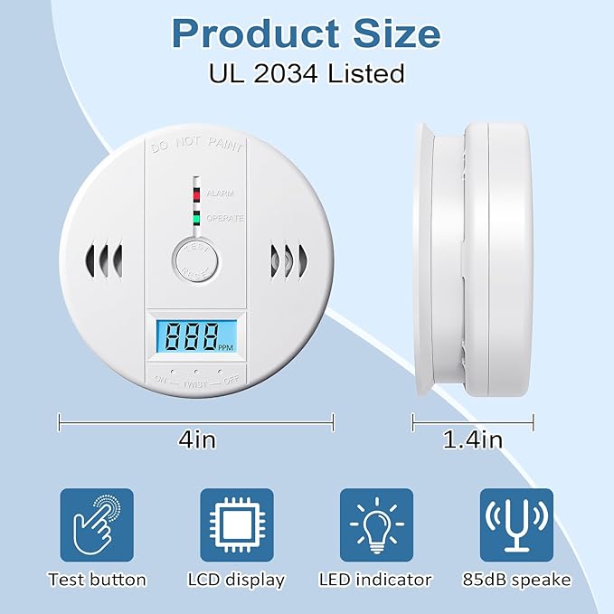 2 Pack Carbon Monoxide Detectors Battery Powered, Carbon Monoxide Alarm with LED Digital Display, CO Alarm with Human Alarm Sounds and Test Button for Home Kitchen Restaurant Hotel Office