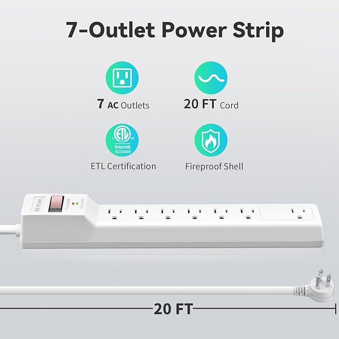 PLUGTUL Surge Protector 20FT (980 Joules), Flat Plug Power Strip, Extension Cord with Multiple Outlets, 7 Outlets, ETL Listed, 14 Gauge, Wall Mountable for Home Office Garage, White