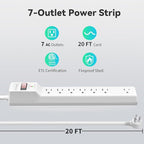 PLUGTUL Surge Protector 20FT (980 Joules), Flat Plug Power Strip, Extension Cord with Multiple Outlets, 7 Outlets, ETL Listed, 14 Gauge, Wall Mountable for Home Office Garage, White