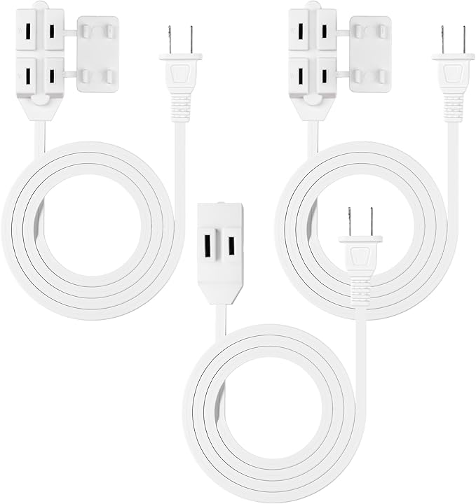 HBN 3-Pack 3 ft 3-Outlet Indoor Extension Cord 16/2 SPT-2, 2 Prong Polarized, Power Cord with Safety Plug Cap, for Homes, Kitchens & Offices, White