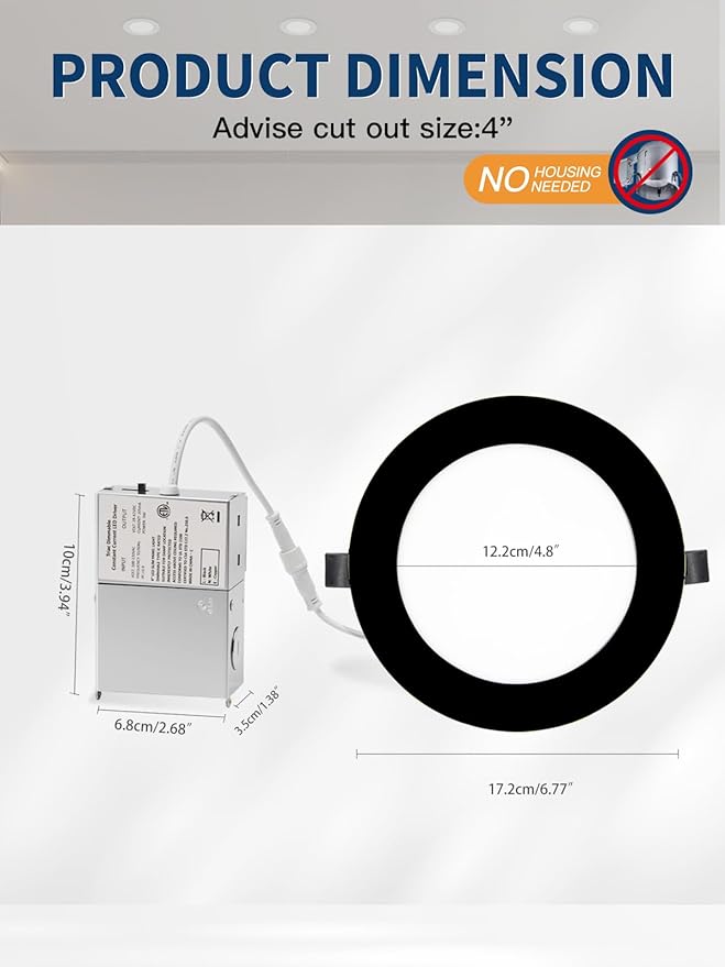 6-inch LED Recessed Lights - Slim Recessed Ceiling Light with Junction Box, 12W 5CCT Canless Lighting Fixture, Dimmable, Easy Install for Bedroom, Kitchen, Living Room, 6 Pack, Black