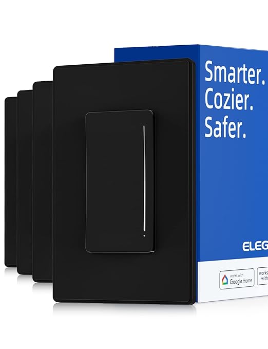 ELEGRP Smart Dimmer Light Switch DTR30, Single Pole or 3 Way, 2.4GHz Wi-Fi Touch Dimmer Compatible with Alexa/Google Assistant, Needs Neutral Wire, No Hub Required, UL and FCC Listed, Black, 4 Pack