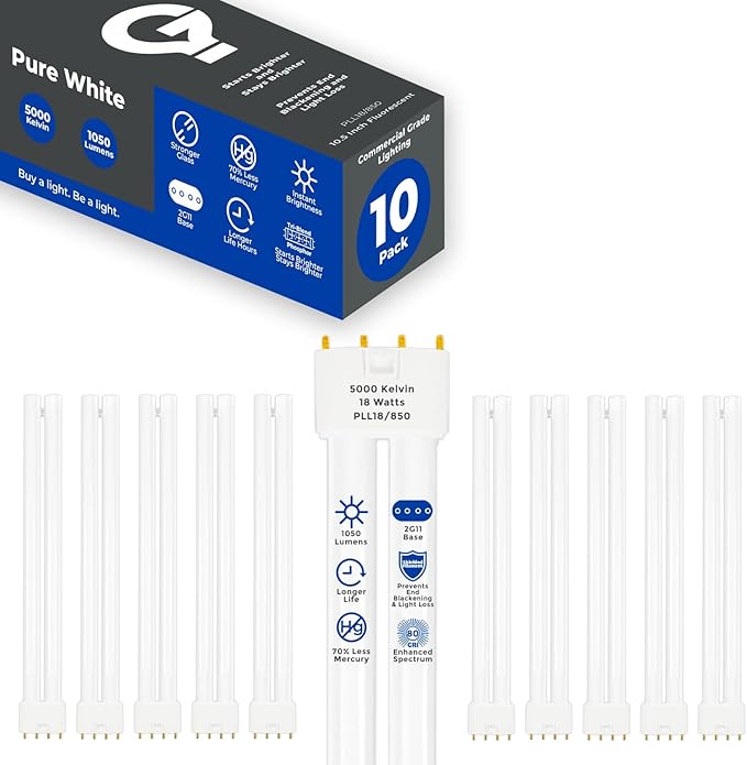 GoodBulb PLL18/850 | 18W 10.5" Twin Tube Compact Fluorescent Light Bulb | 4-pin 2G11 Base 5000K Daylight 1050 Lumen | 36000 Hour Long Life Biax | Pack of 10