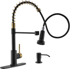 GIMILI Black and Gold Kitchen Faucet with Soap Dispenser Commercial Single Handle Spring Pull Out Kitchen Sink Faucets with Pull Down Sprayer