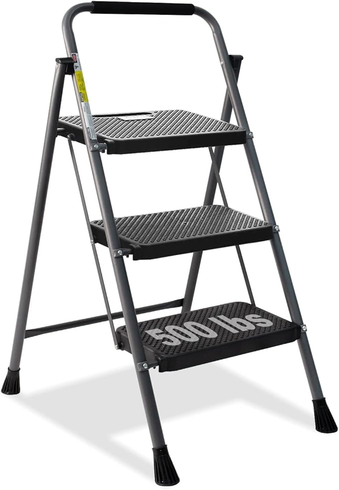 3 Step Ladder, GOLYTON Folding Step Stool with Anti-Slip Wide Pedal & Convenient Handgrip, 500lbs Capacity Steel Ladder for Household and Office, Grey
