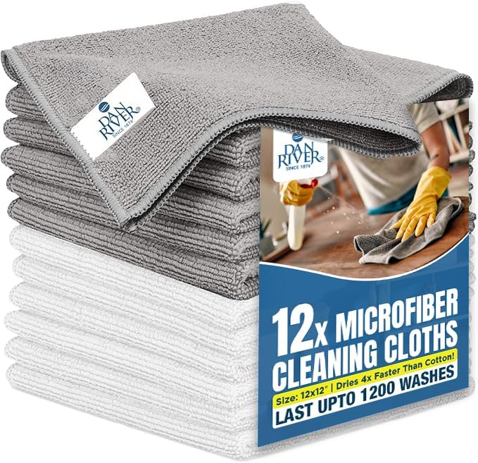 DAN RIVER 12-Pack Microfiber Towels – Ultra Absorbent, Lint-Free & Streak-Free Cleaning Cloths for Home, Car & Kitchen - Must-Have Cleaning Essentials - 12" x 12" - Gray White