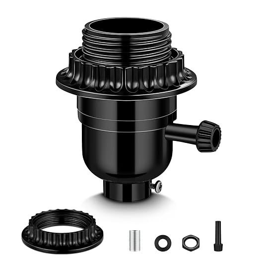 UL Listed E26 Light Socket Replacement,with 2 Lamp Shade Rings,2 ON/Off Turn Knob Types (Short/Long),Other Repair Parts. Fits Table Lamps, Floor Lamps and Light Fixtures,Black (1)