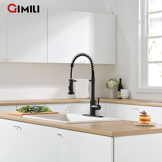 GIMILI Black Touchless Kitchen Faucet with AC Adapter, Smart Motion Sensor Hands Free Single Handle Kitchen Sink Faucet with Pull Down Sprayer, Matte Black
