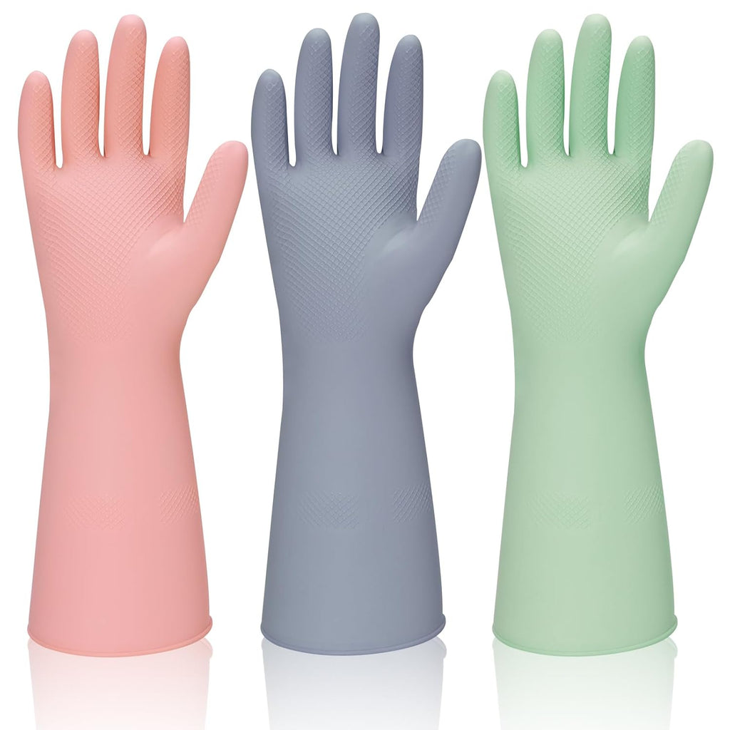Rubber Kitchen Dishwashing Gloves - 3 Pairs Reusable Household Cleaning Gloves, Flexible and Durable & Non-slip Cleaning Gloves, Great for Kitchen, Bathroom, Laundry (Medium, Pink+Blue+Grey)