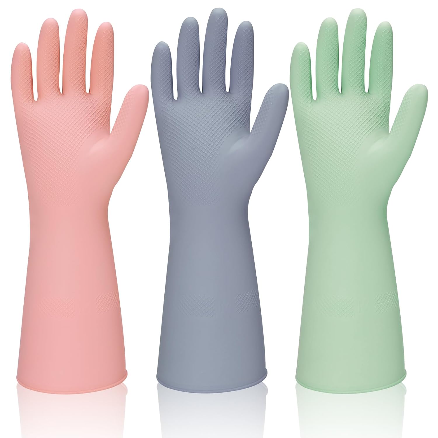 Rubber Kitchen Dishwashing Gloves - 3 Pairs Reusable Household Cleaning Gloves, Flexible and Durable & Non-slip Cleaning Gloves, Great for Kitchen, Bathroom, Laundry (Large, Pink+Green+Grey)