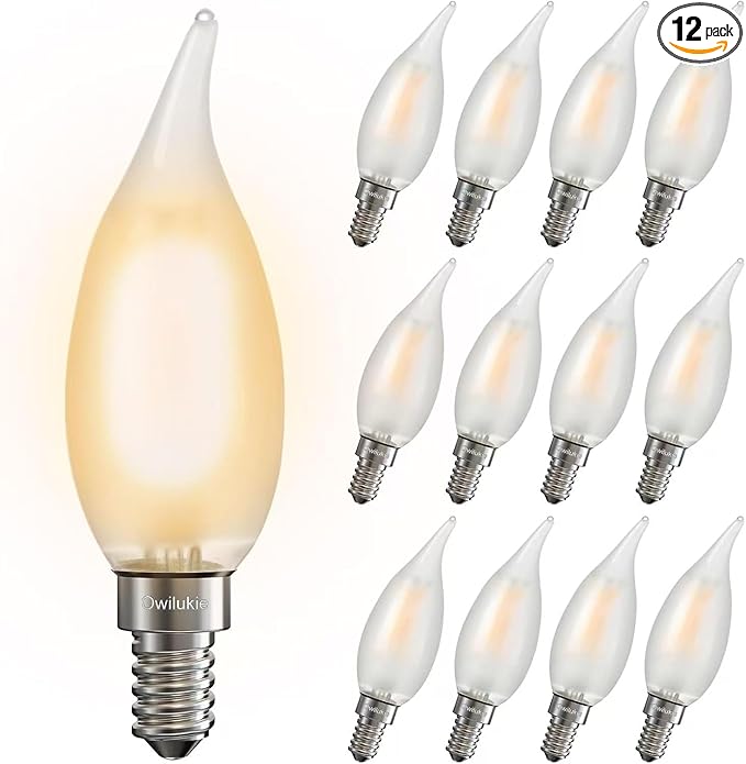 Chandelier Frosted Light Bulbs 2W Equivalent 25W Incandescent Bulb, Candelabra Candle E12 LED Bulb Type B Soft Warm White 2700K, Dimmable for Dining Room,Light Fixture,Chandelier,12 Pack