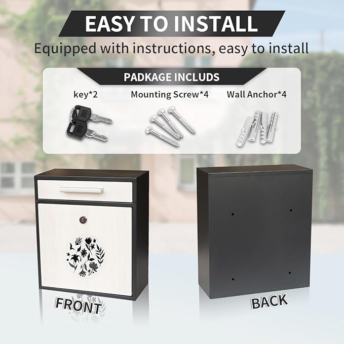 Wall Mount Mailbox, Large Capacity Mailbox for House Outside Galvanized Steel Rust-Proof Metal Post Drop Box, 12"×10.5"×4.7" Flower Hollowed Wooden Patterned Metal Sheet White