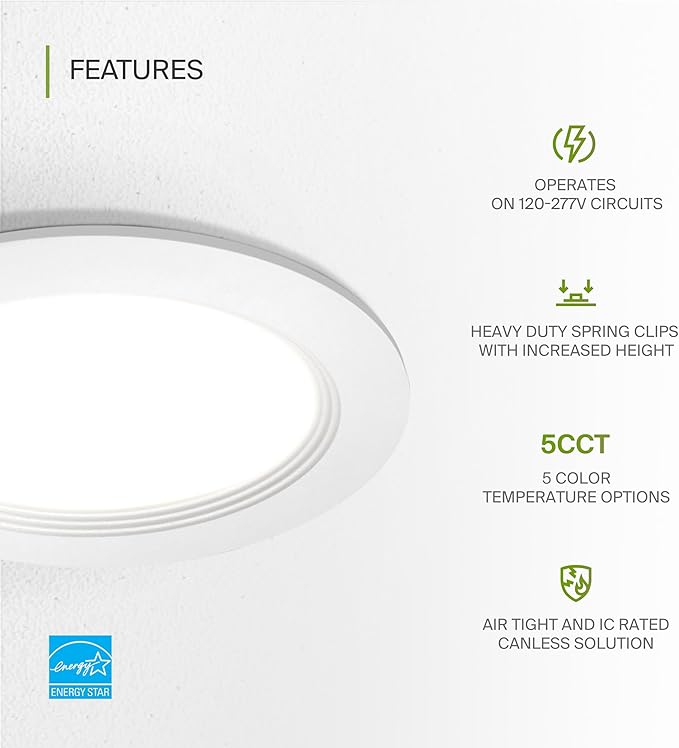 ASD LED Recessed Lighting 6 Inch, Round Commercial Downlight, Mini Panel with Baffle Trim, 6" 15W 120-277V CCT Selectable 2700/3000/3500/4000/5000K, Dimmable Ceiling Light Fixture, White, ETL