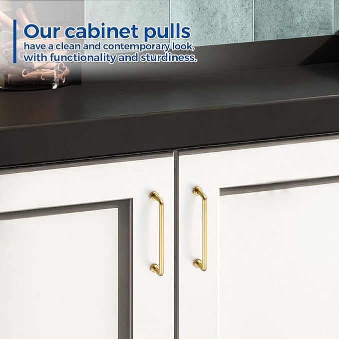 JOY DECOR Cabinet Pulls – 5 Inch Hole Center, Brushed Brass, 10 Pack, Zinc Alloy Cabinet Handles for Drawers & Cupboard – Vintage Style Hardware for Kitchen, Bathroom, Dresser, Furniture Makeover