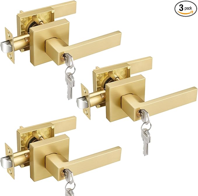 EHOMEWARE 3 Pack Door Levers with Keys, Entry Exterior Door Handles in Satin Brass Finish, Heavy Duty Bedroom Bathroom Interior Door Handles Keyed Alike