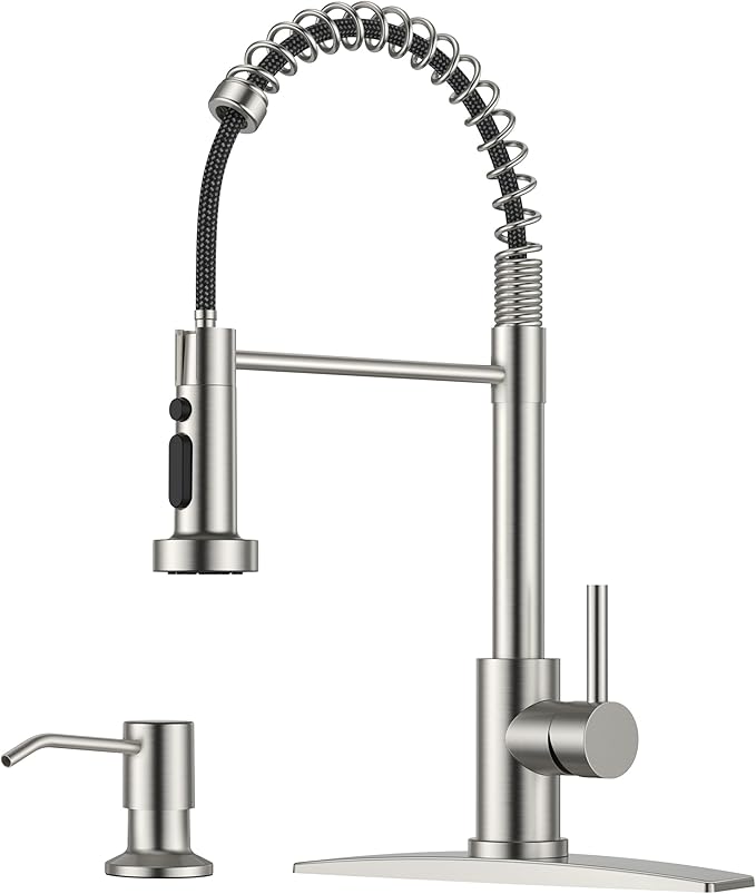 FORIOUS Kitchen Faucet with Soap Dispenser, Burhsed Nickel Stainless Steel Single Handle Modern Spring Commercial Sink Faucet with Pull Down Sprayer for Laundry & Utility Room RV Camp Bar Farmhouse