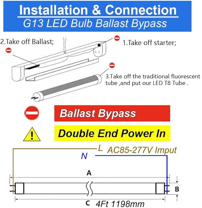 T8 LED Bulbs 4 Foot, T12 LED Replacement 4FT 72W Fluorescent Tube Lights,7200lm 6500K Cool White,2 Bi-Pin G13 Base Type B Tube Lights, Ballast Bypass, Double Ended Power, NO RF FM Driver