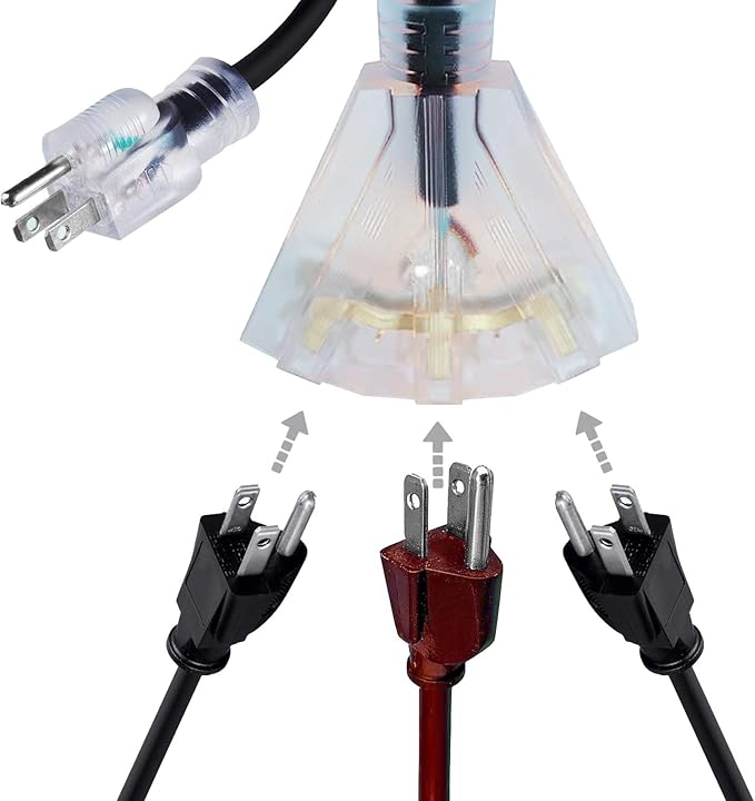 25FT 12/3 Extension Cord Heavy Duty Black 3-Outlet Indoor/Outdoor SJTW Lighted 12-Gauge Grounded Power Cable,12AWG 15 Amp, 1875 Watts，UL Listed，Safety