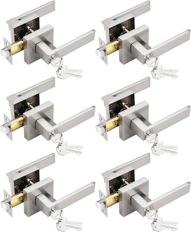 6 Pack Entry Door Levers with Lock and Key, Brushed Nickel Keyed Alike Lockset Combo Pack, Entrance Door Handles for Office and Front Door, Door Knobs Lockset (Each with 3 Keys)