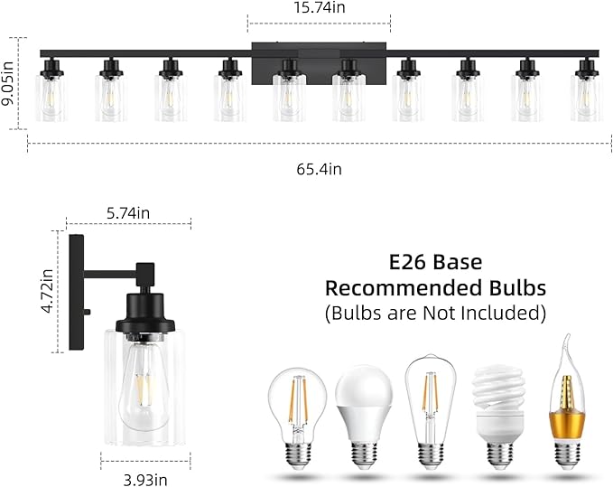 10 Light Bathroom Vanity Lights Over Mirror, 65.4inch Black Vanity Lights Fixtures Matte Black Modern Vanity Lights Black Bathroom Wall Lighting for Mirror Bedroom,Living Room
