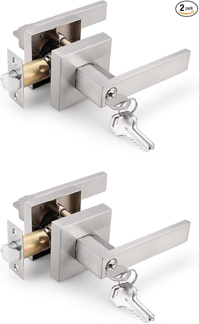 Gobrico 2 Pack Keyed-Alike Entry Door Levers with Same Key,Satin Nickel Finished,Interior Doors Exterior Doors Use, Square Door Locksets Handles