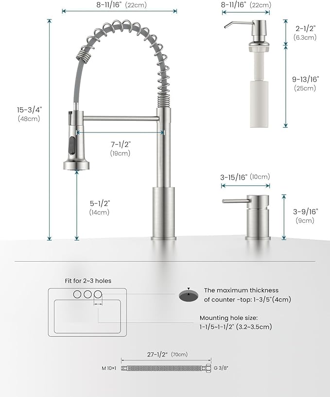 APPASO Kitchen Faucet 3 Holes, Brushed Nickel S304 Stainless Steel Spring 3 Piece Sink Faucets with Separate Side Handle, Pull Down Sprayer and Soap Dispenser, 2 Spray Modes and Easy-Installation