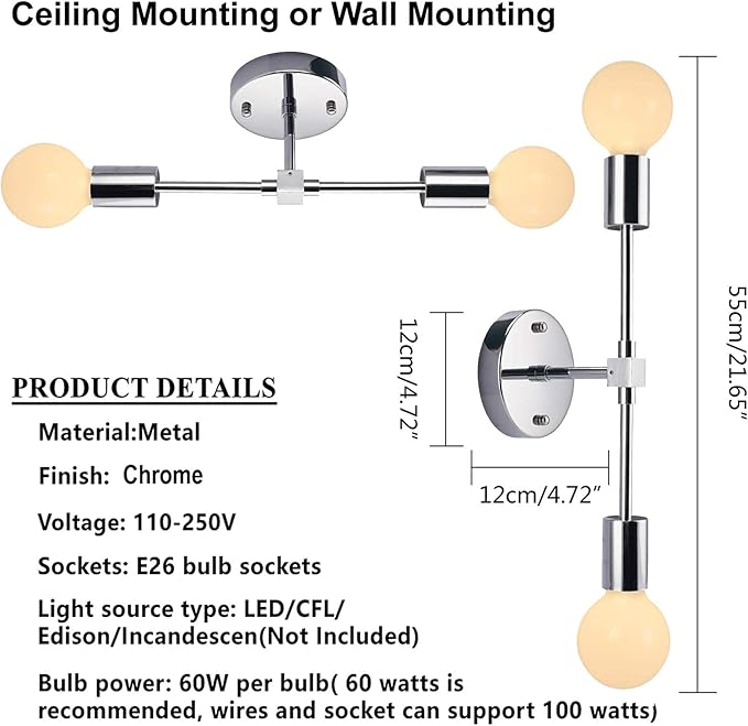 2 Lights Bathroom Vanity Wall Sconce Modern Industrial Wall Lamp Pole Wall Mount Lighting Fixture（Chrome Color）