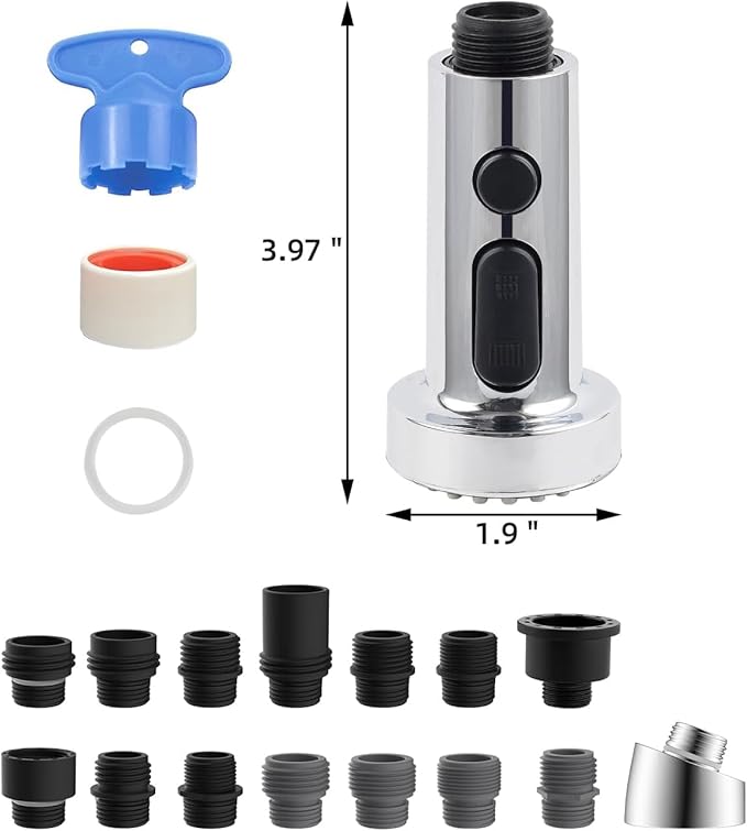 Hibbent Pull Down Kitchen Faucet Head Replacement, 3 Function Sink Faucet Sprayer Head Nozzle with 15 Adapters, Compatible with Moen, American Standard, Delta, Kohler Faucets, Chrome