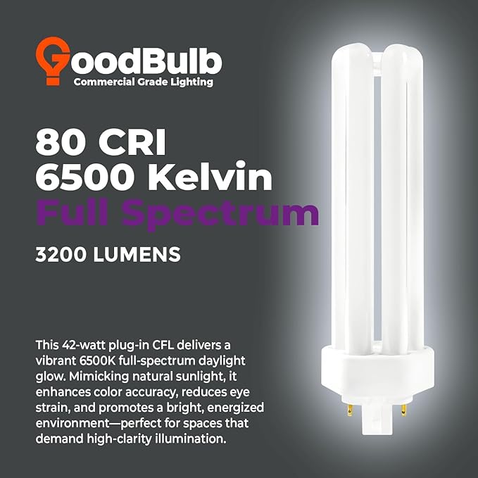 GoodBulb 42 Watt CFL Light Bulbs 4 Pin GX24Q-4 Base 6500K Full Spectrum 42W High Output 3200 Lumens Triple Tube Compact Fluorescent Light Bulbs Plug-in 10 Pack