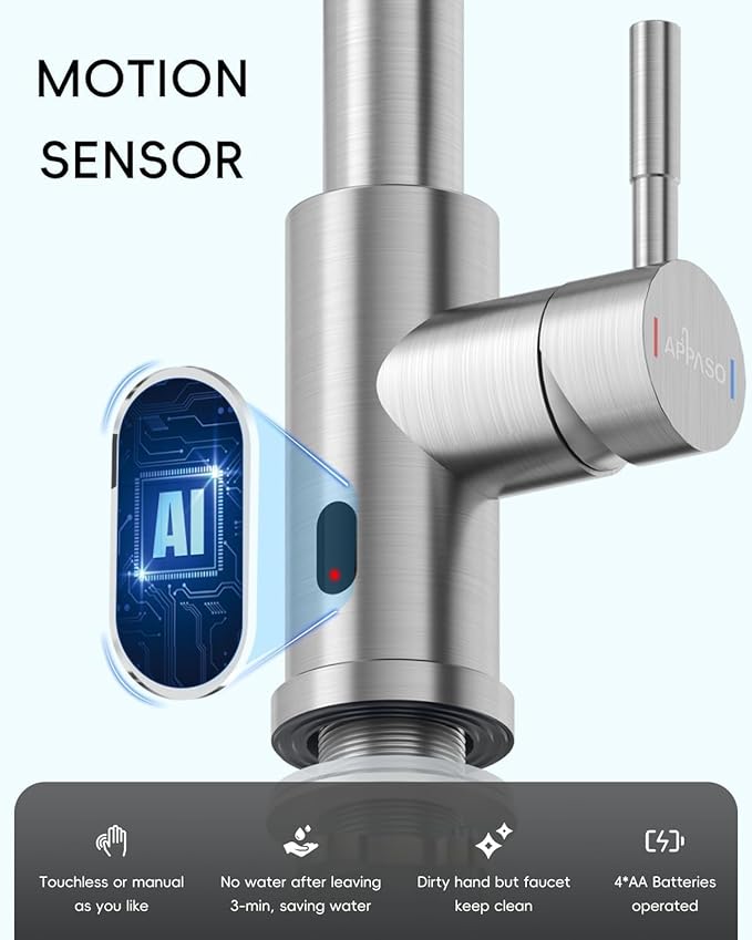 APPASO Touchless Kitchen Faucet with Pull-Down Sprayer, Kitchen Sink Faucet Touchless Brushed Nickel, Single Handle Hands-Free Motion Sensor Faucets Suitable for 1 or 4-Hole Sink, Stainless Steel