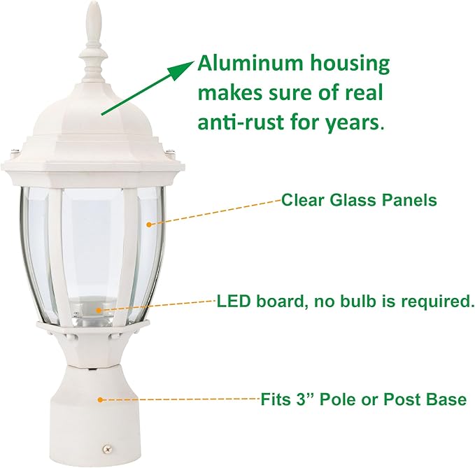 LIT-PaTH LED Outdoor Post Lighting Fixture, Pole Lantern, 9.5W 800 Lumens, 5000K Daylight White, Aluminum Housing Plus Glass, Matte White Finish, 2-Pack