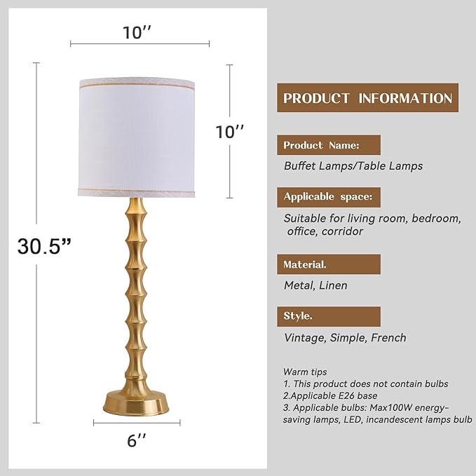 Set of 2 Gold Table Lamps, 30.5" Electroplated Gold Bamboo Base with White Linen Shade, Tall Buffet Lamps for Dining Room, Living Room, Bedroom Decor