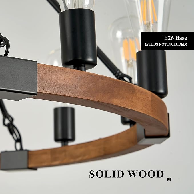 31.5'' Wooden Wagon Wheel Chandelier Farmhouse 12 Lights Wood Round Chandelier Black Rustic Light Fixture for Living Dining Room Entryway Foyer Kitchen