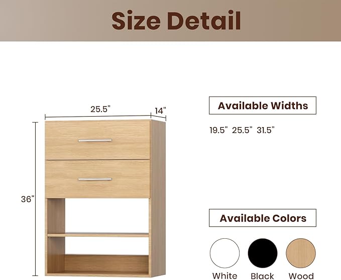 ROOMTEC 25.5" 2 Drawer Short Tower Closet Unit, Modular Closet System with Drawers and Shelf, Wardrobe Organizer for Bedroom or Walk-in Closet, Wall Mounted, Customizable Clothes Storage Unit, Wood