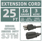 Indoor Outdoor Extension Cord 25 FT Waterproof, 16/3 Gauge Heavy Duty Gray Extension Cords, 13A 1625W SJTW Extension Cord with 3 Prong Grounded Plug, Great for Tools, Lights, UL Listed.
